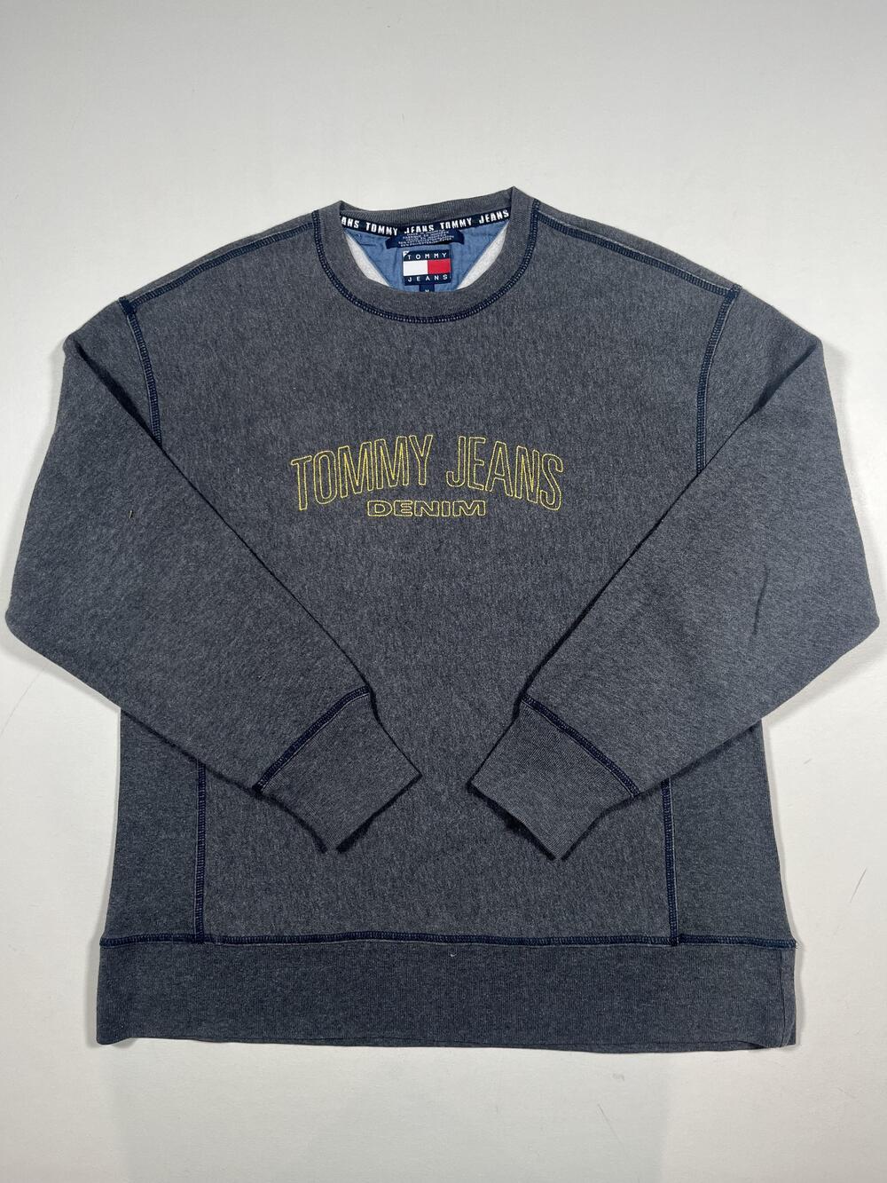Tommy Jeans Sweatshirt Mens Medium Gray Denim Logo Fleece Crewneck Embroidered